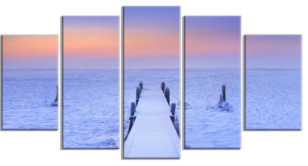 "Jetty in Frozen Lake Netherlands" Wooden Sea Bridge Wall Art, 5 Panels, 60"x32"