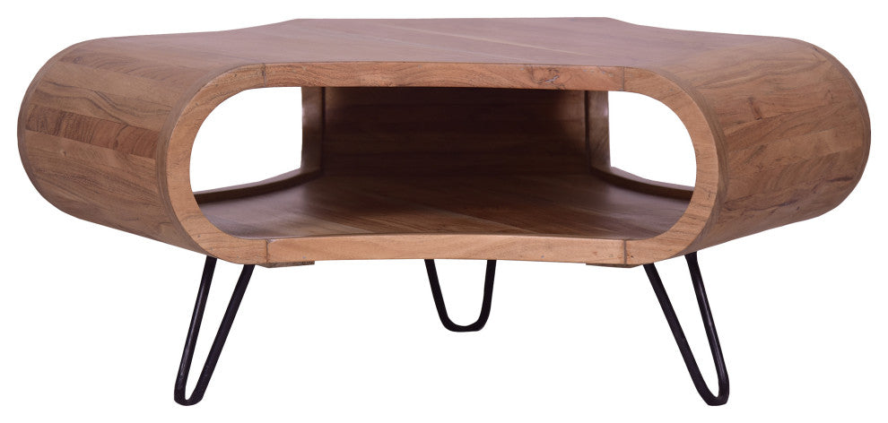 37" Coffee Table Hexagon Shape Open Shelf Acacia Wood Iron Legs Natural Brown