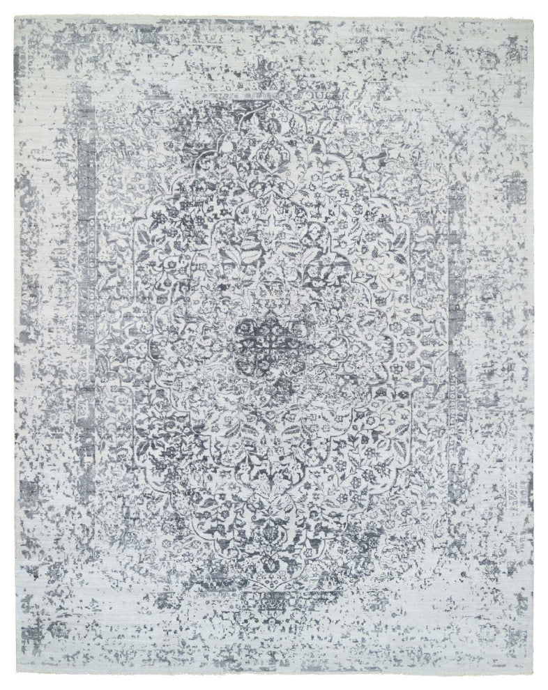 Gray Wool and Silk Hand Knotted Erased Persian Design Oversized Rug 12'1"x15'1"