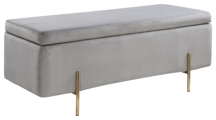 Emma Velvet Storage Bench With Metal Legs, Gray