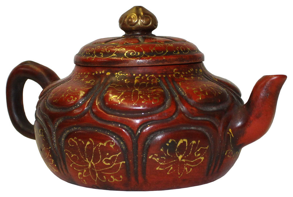 Chinese Zisha Clay Brown Golden Scenery Teapot Display