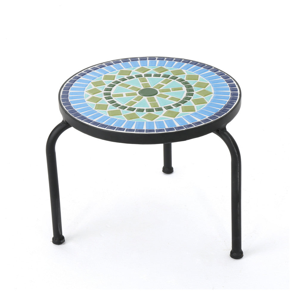 GDF Studio Isildur Outdoor Blue and Green Ceramic Tile Iron Frame Side Table