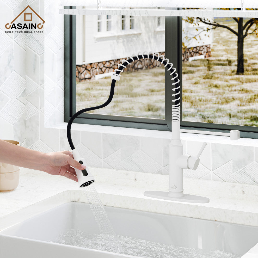 Single-Handle Spring Pull Down Sprayer Kitchen Faucet with Infrared Induction, Matte White