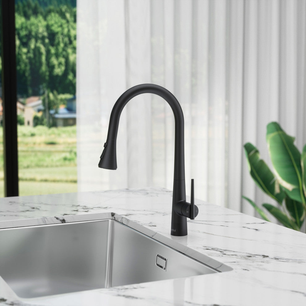 Single Handle Deck Mounted High Arc Pull Down Brass Kitchen Faucet, Matte Black