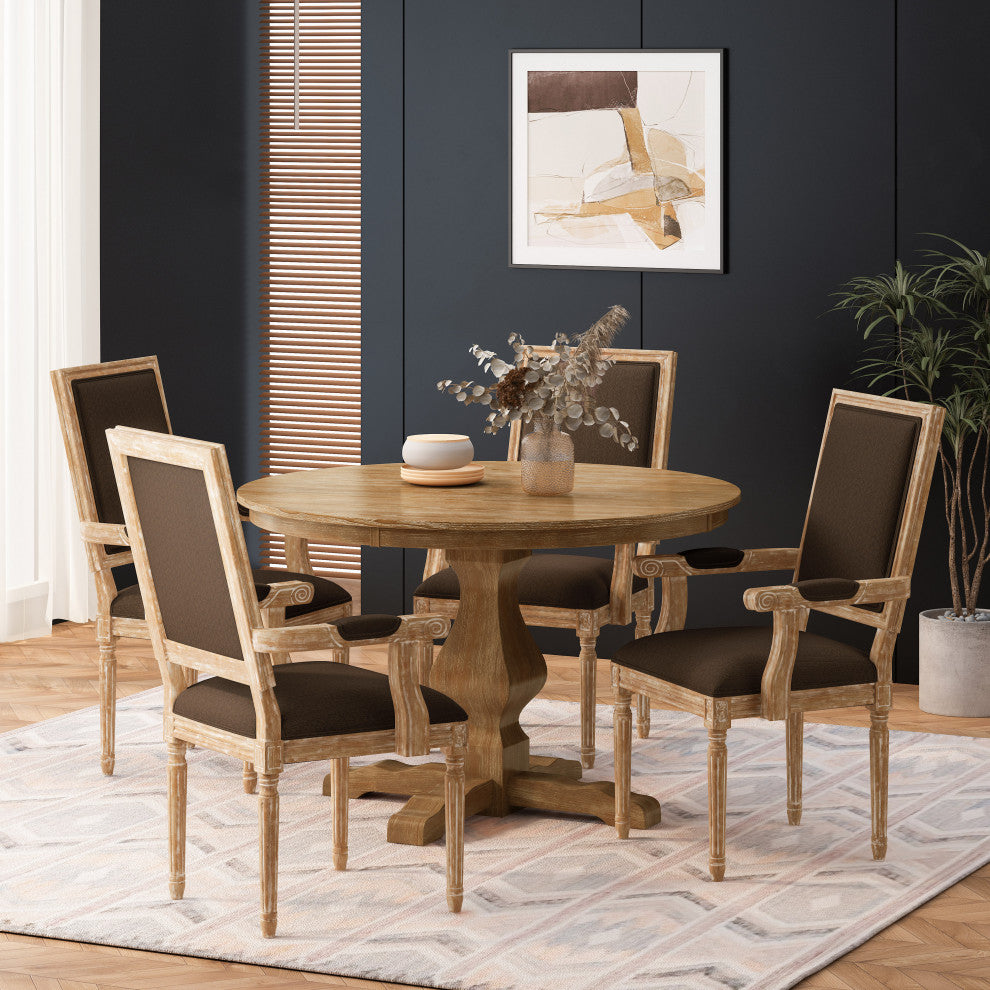 Joretta French Country Fabric Upholstered Wood 5-Piece Circular Dining Set, Natural/Brown