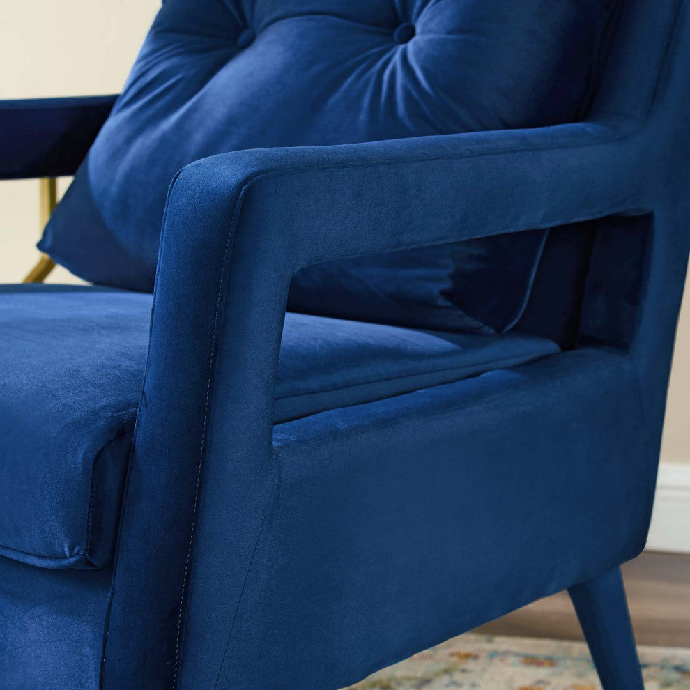 Modern Lounge Accent Side Chair Armchair, Velvet Fabric Wood, Navy Blue