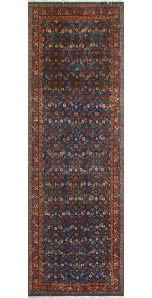Fine Vintage Distressed Athelsta Blue/Red Runner, 3'7x10'6