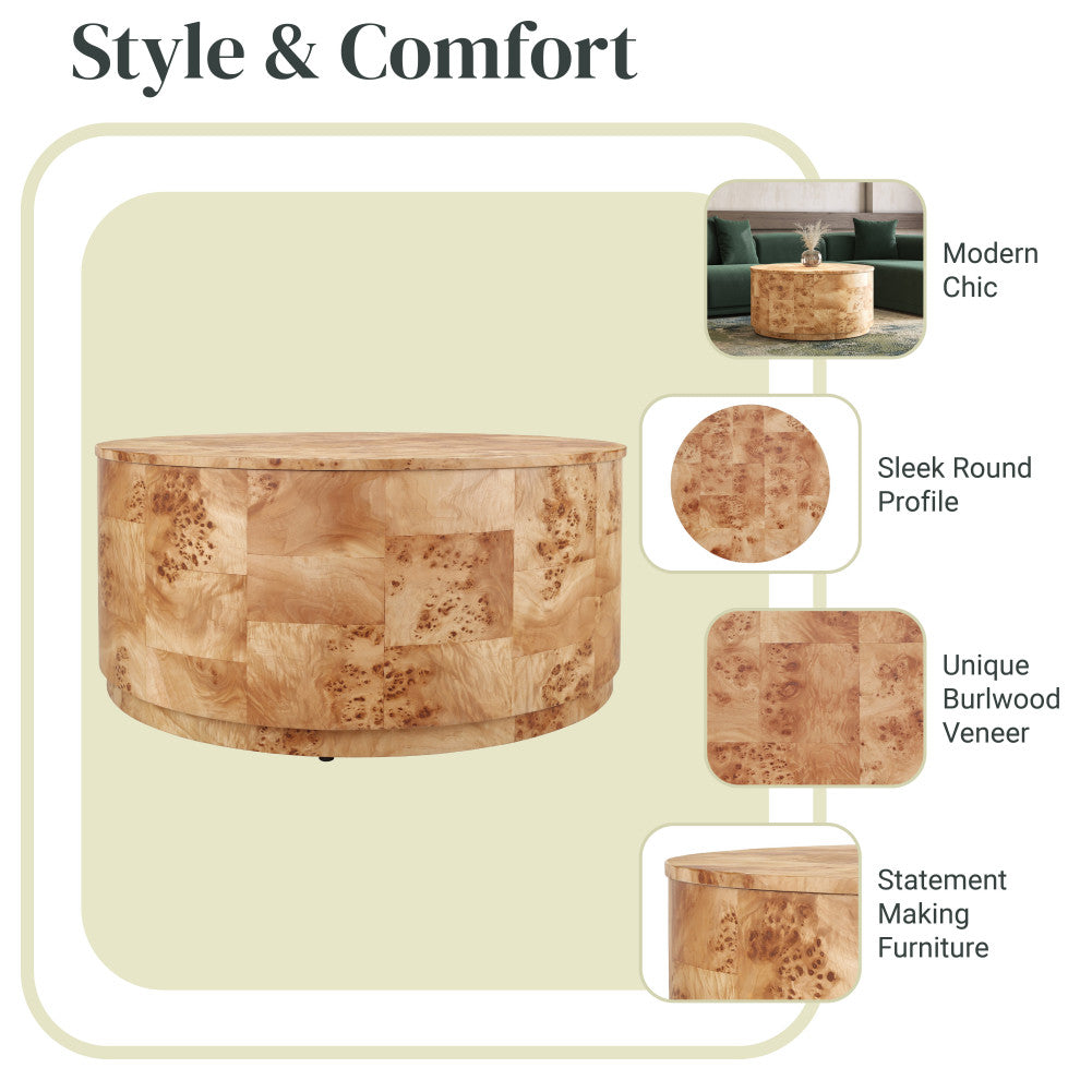Arsenio Burl Wood Round Table, Natural Burl, Coffee Table
