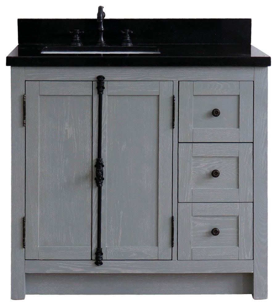 37" Vanity, Gray Ash With Black Galaxy Top, Left Doors/Left Rectangle Sink