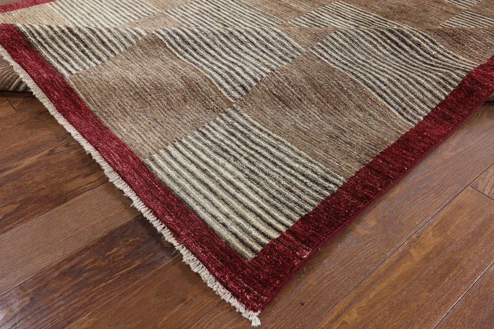 Shades of Brown Hand Knotted Checkered Super Fine Gabbeh Wool 6x9 Area Rug H6933