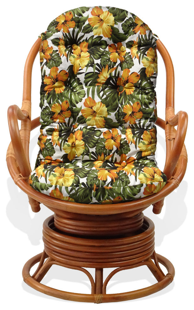 Java Lounge Swivel Rocking Rattan Wicker Chair Colonial, Floral Cushion