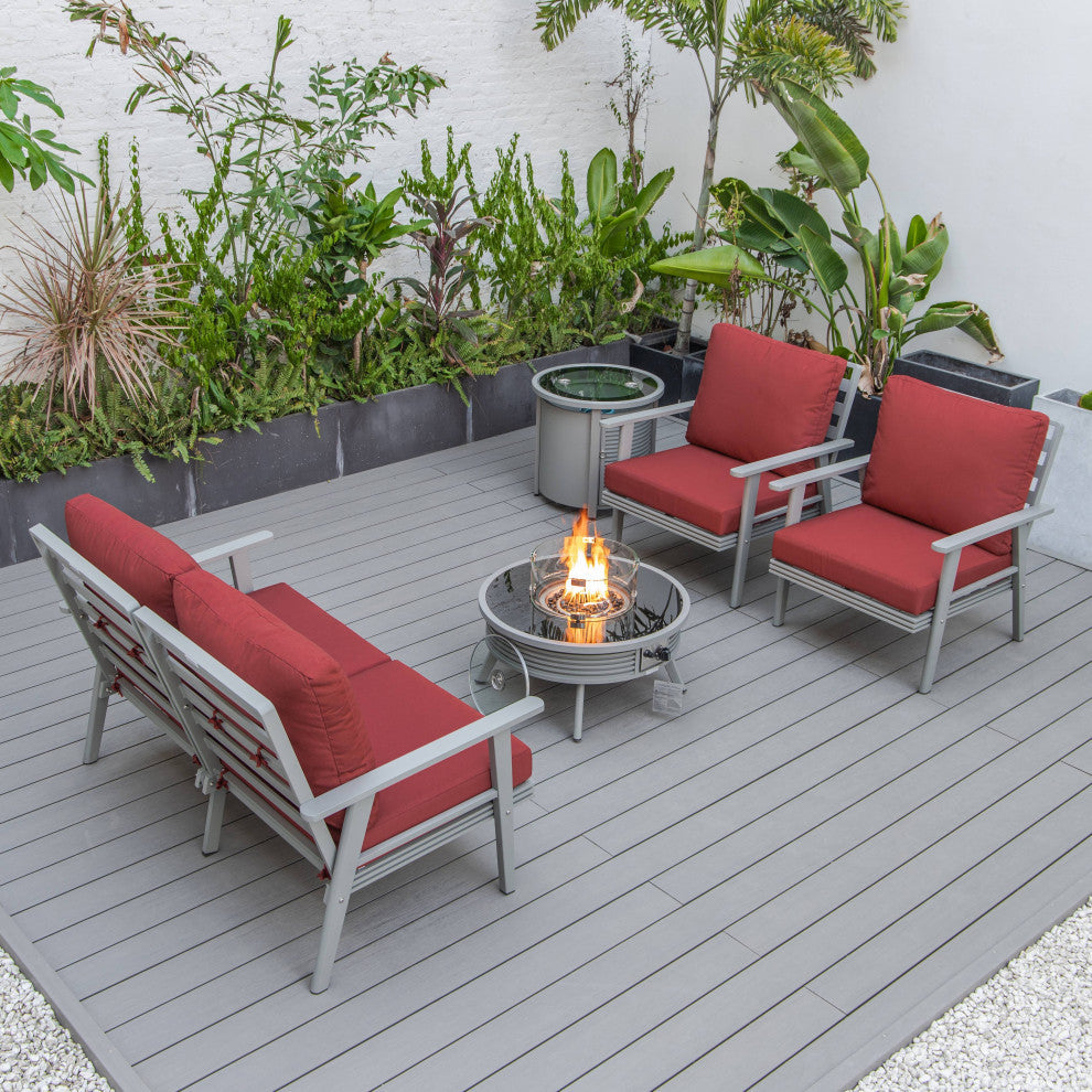LeisureMod Walbrooke Patio Sofa Set With Round Fire Pit Table, Red