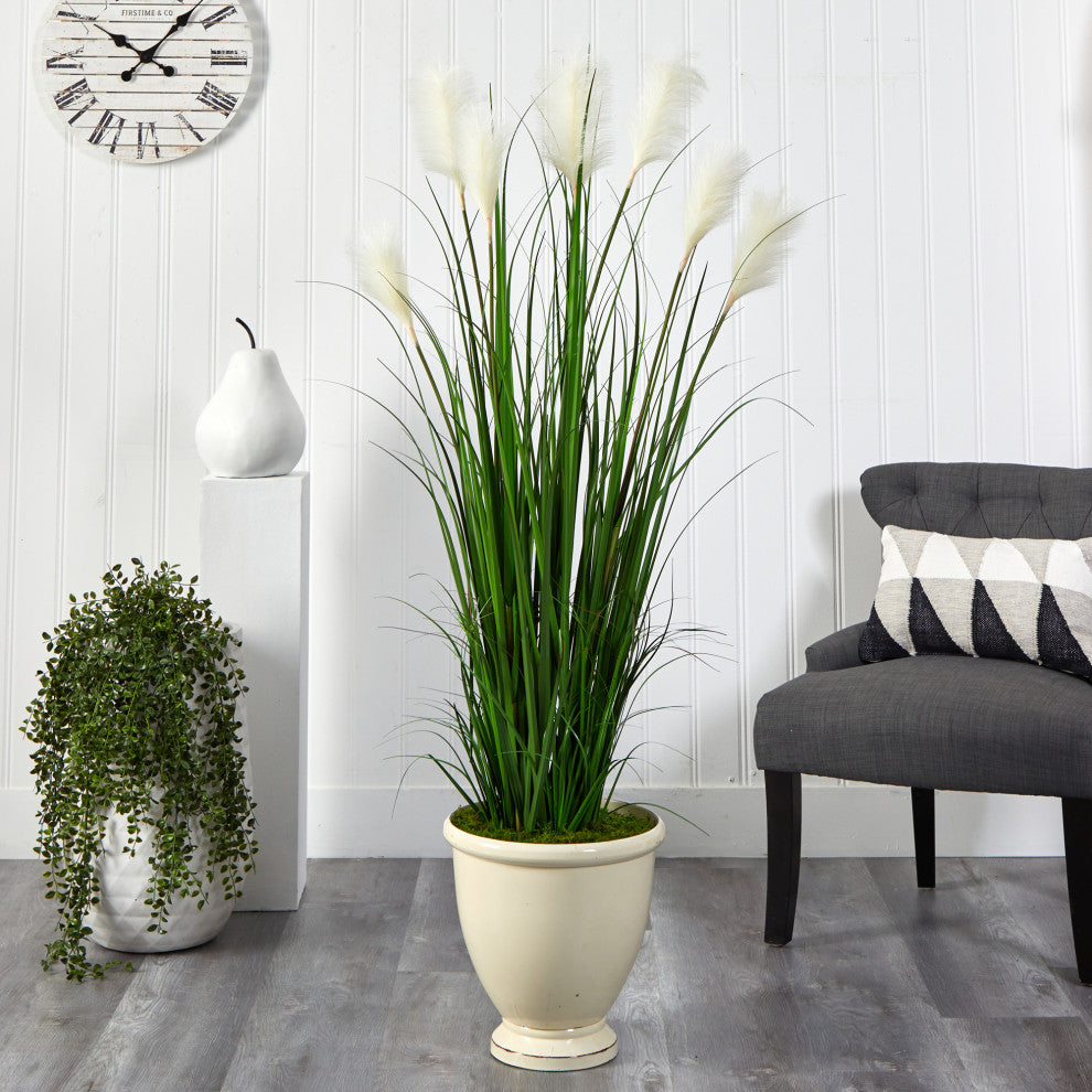 64" Wheat Plume Grass Artificial Plant, Urn Planter