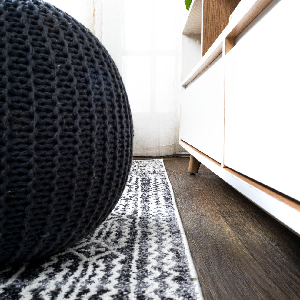 Iften Moroccan Geometric Distressed Ivory/Black 2 ft. x 10 ft. Runner Rug