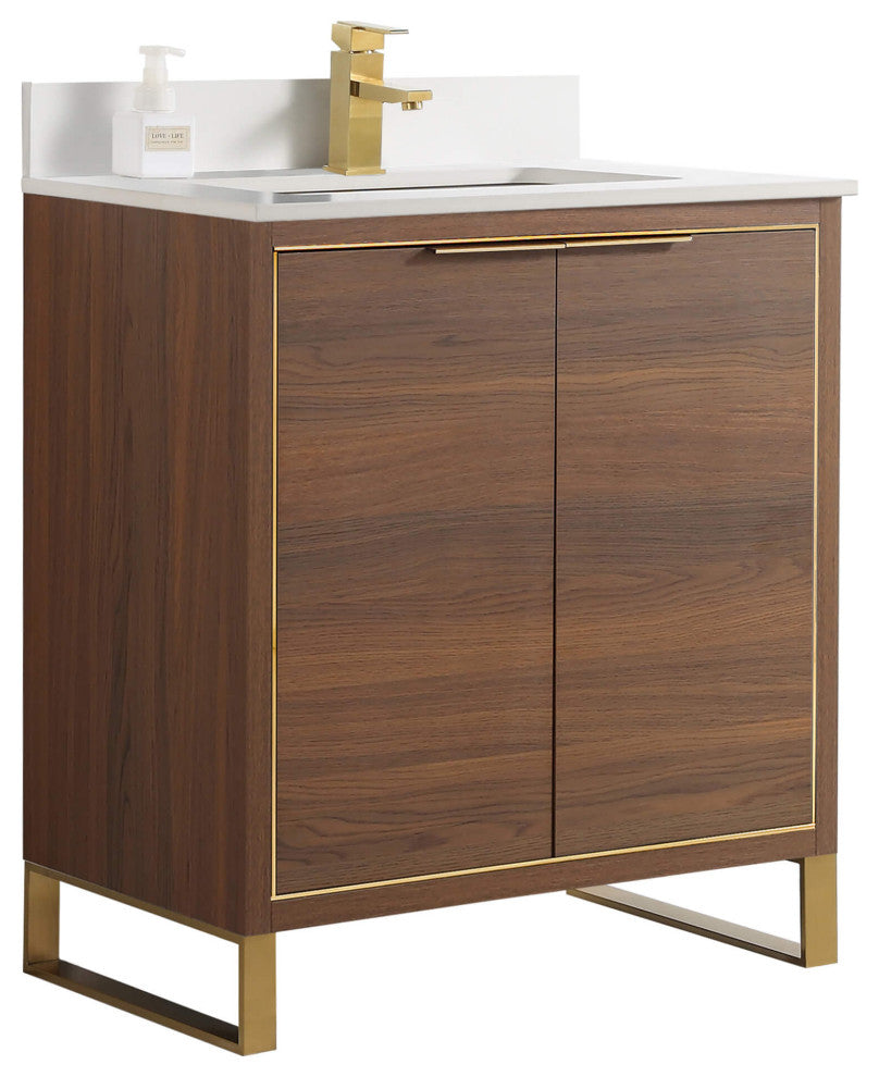 Opulence Bath Vanity, Walnut Ebony, 30", Satin Brass Hardware, White Top