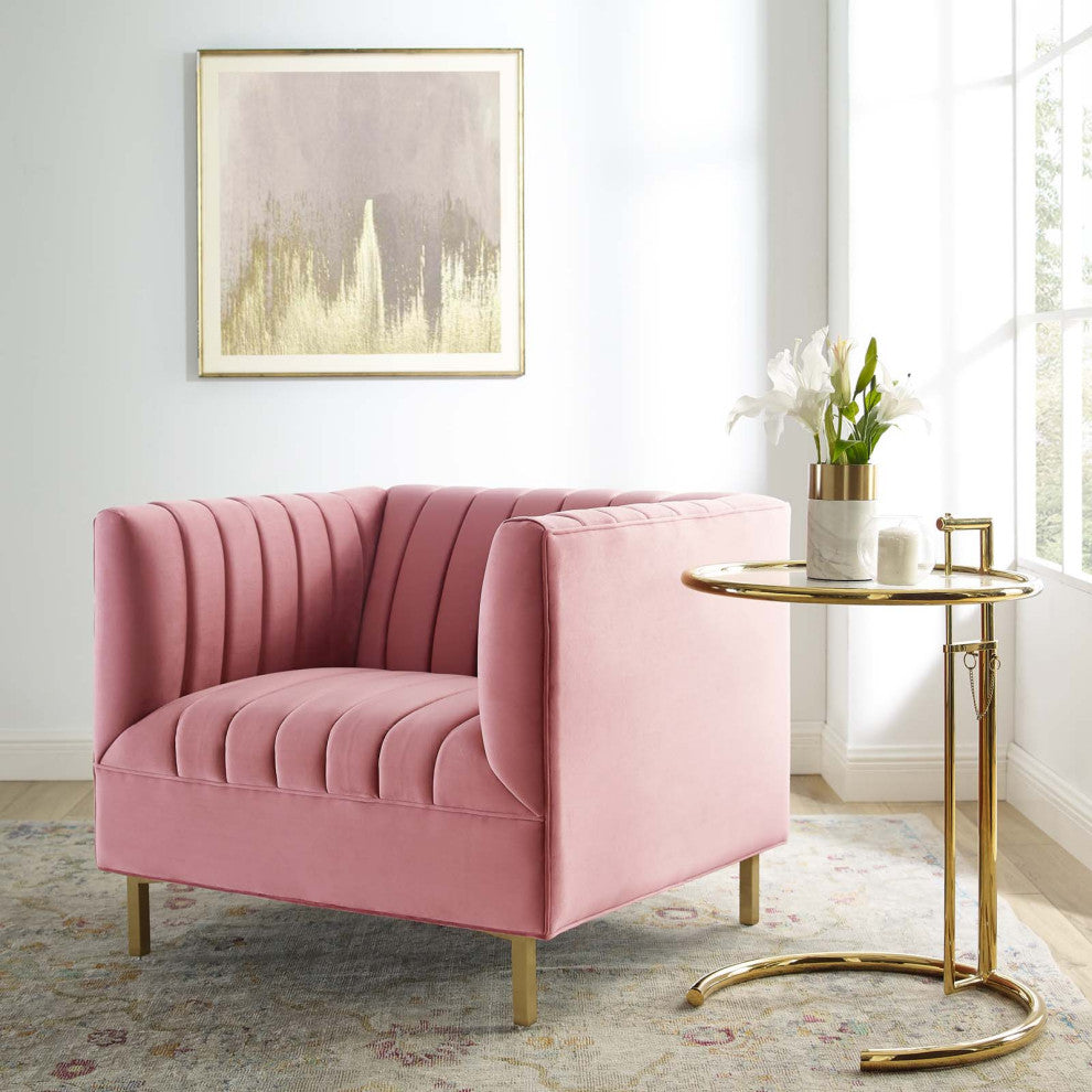 Tufted Armchair Accent Chair, Velvet, Pink, Modern, Living Lounge Hospitality