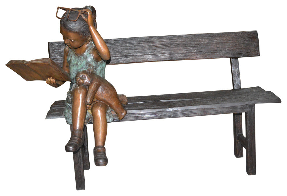 Girl with Glasses on Bench  Bronze Statue -  Size: 43"L x 20"W x 36"H.