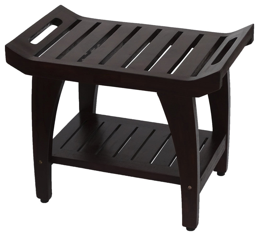 HomeRoots Contemporary Teak Shower Bench With Shelf and Handles, Brown Finish
