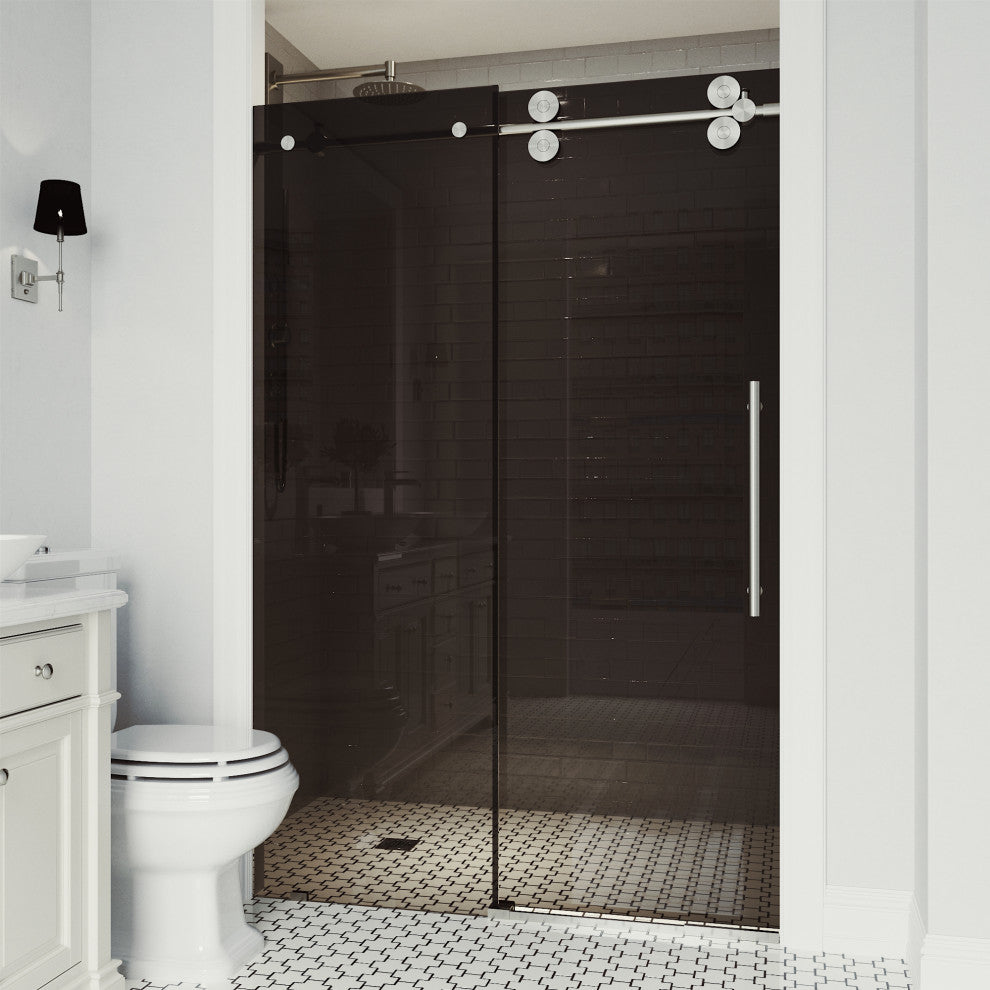VIGO Elan 68" to 72" W x 74" H Frameless Sliding Shower Door, Stainless Steel, Black Tint Glass