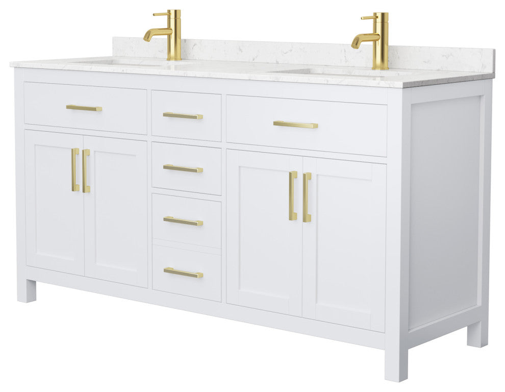 66"DBL Bathroom Vanity White, Carrara Cult. Marble Countertop, Sinks, Gold Trim