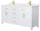 66"DBL Bathroom Vanity White, Carrara Cult. Marble Countertop, Sinks, Gold Trim