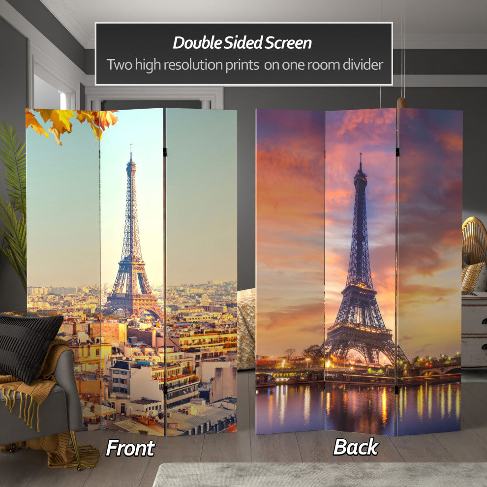 6' Tall Double Sided Eiffel Tower Sunset Canvas Room Divider