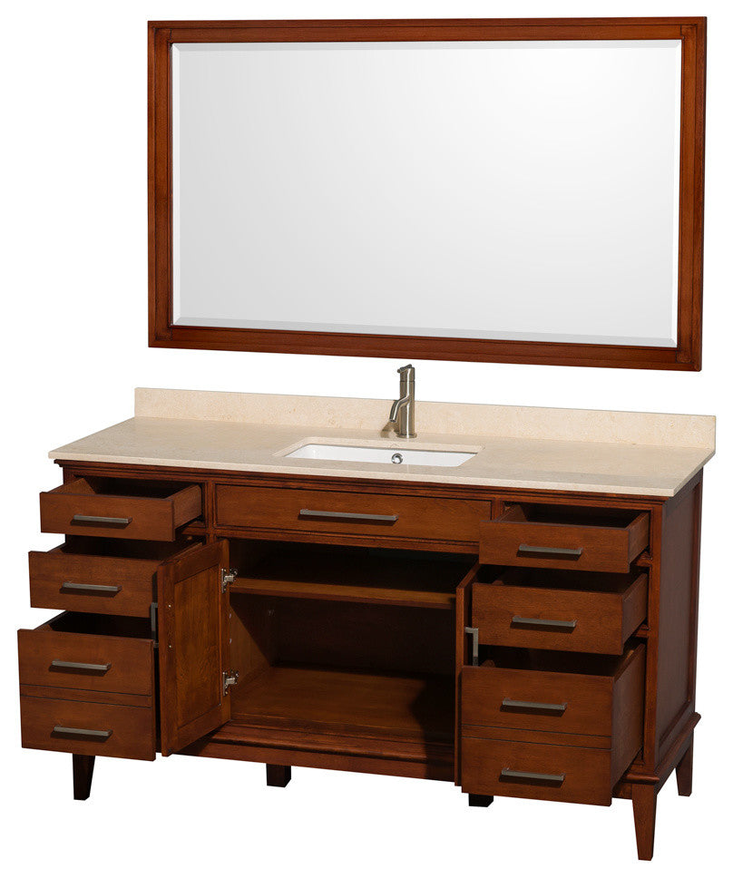 Hatton 60" Light Chestnut Single Vanity, Ivory Marble Top, Um Sq Sink, 56"
