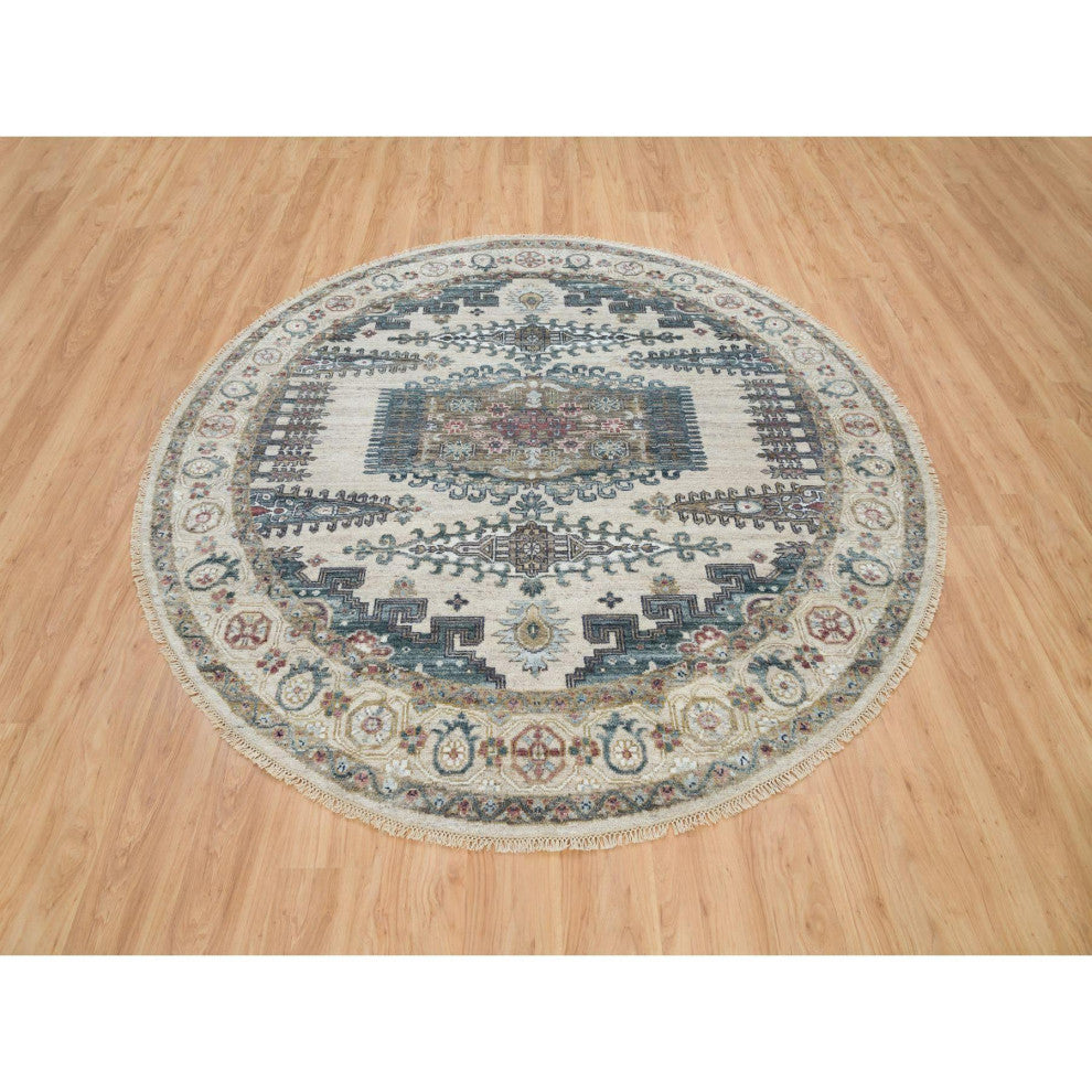 Alabaster Ivory Wool Reimagined Viss Design Hand Knotted Round Rug, 8'x8'