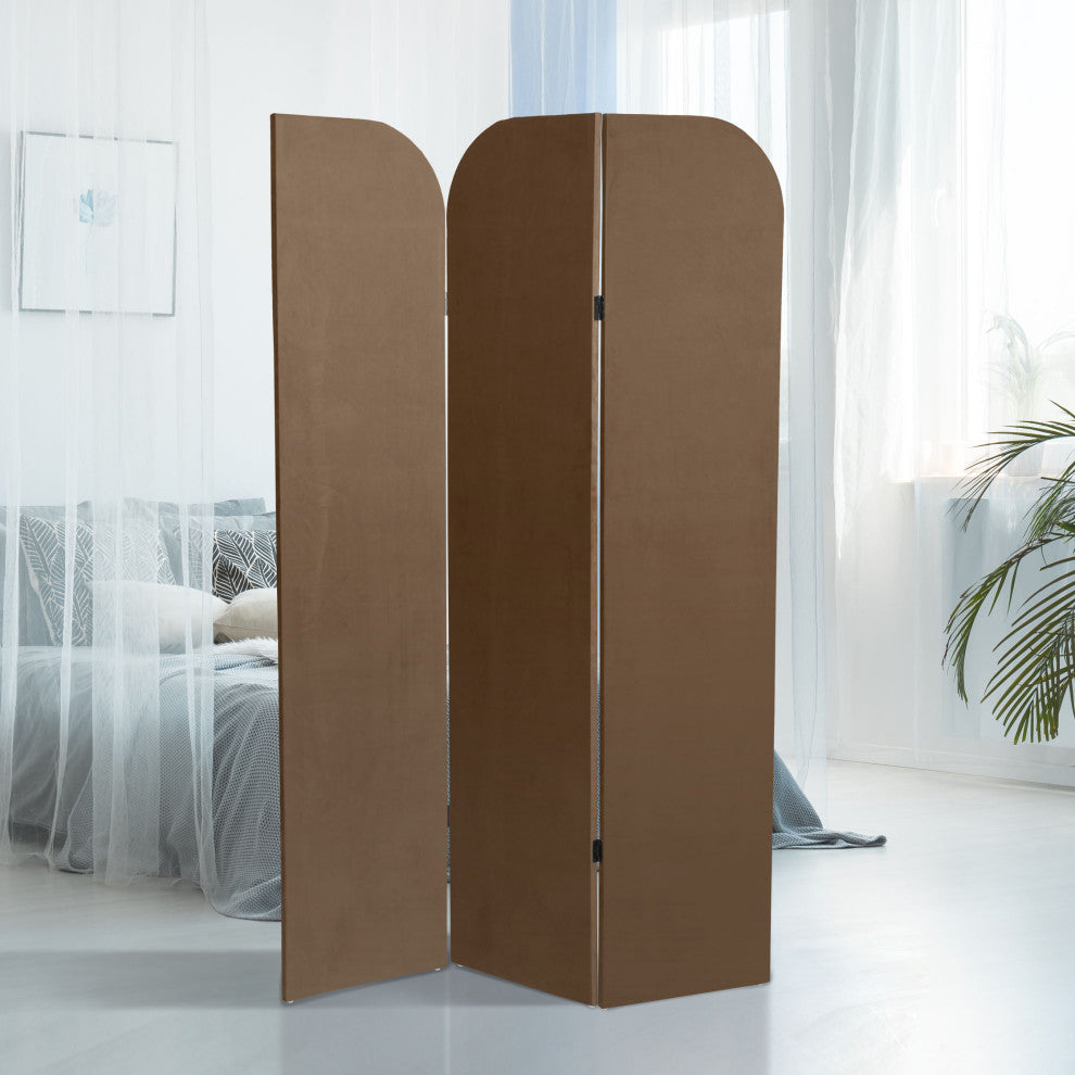 6 ft. Modern Arch Velvet Room Divider Brown 3 Panel