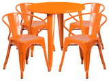 Commercial Grade 30" Round Orange Metal Indoor-Outdoor Table Set, 4 Arm Chairs