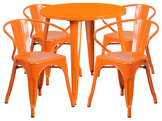 Commercial Grade 30" Round Orange Metal Indoor-Outdoor Table Set, 4 Arm Chairs