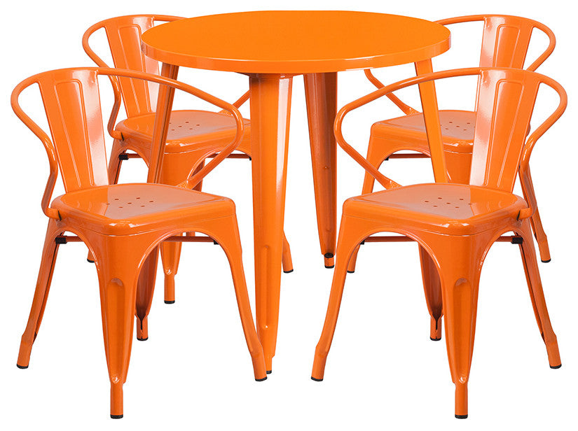 Commercial Grade 30" Round Orange Metal Indoor-Outdoor Table Set, 4 Arm Chairs