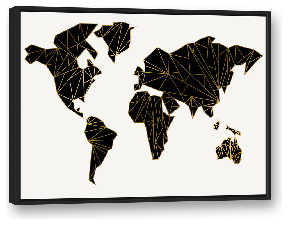 Geometric World Map 30x40 Black Floating Framed Canvas