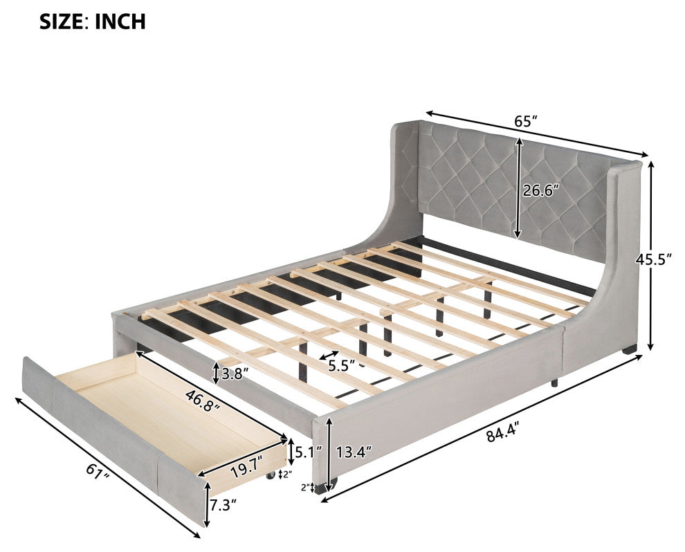 Queen Upholstered Platform Bed with Wingback Headboard and Drawer, Gray