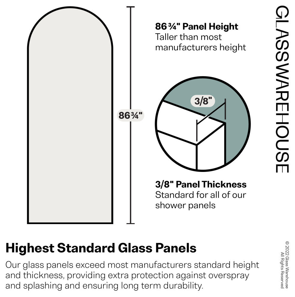 32"x86.75" Frameless Shower Door Arched Single Fixed Panel, Matte Black
