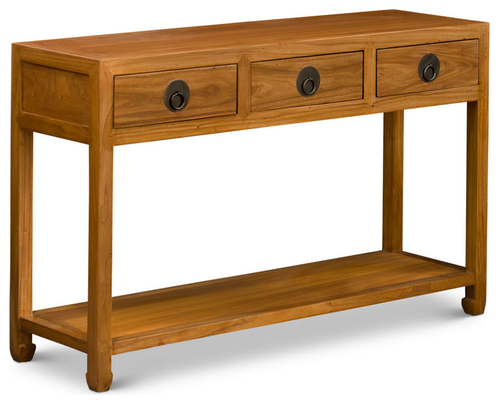 Natural Elmwood Chinese Ming Console Table with 3 Drawers and Shelf