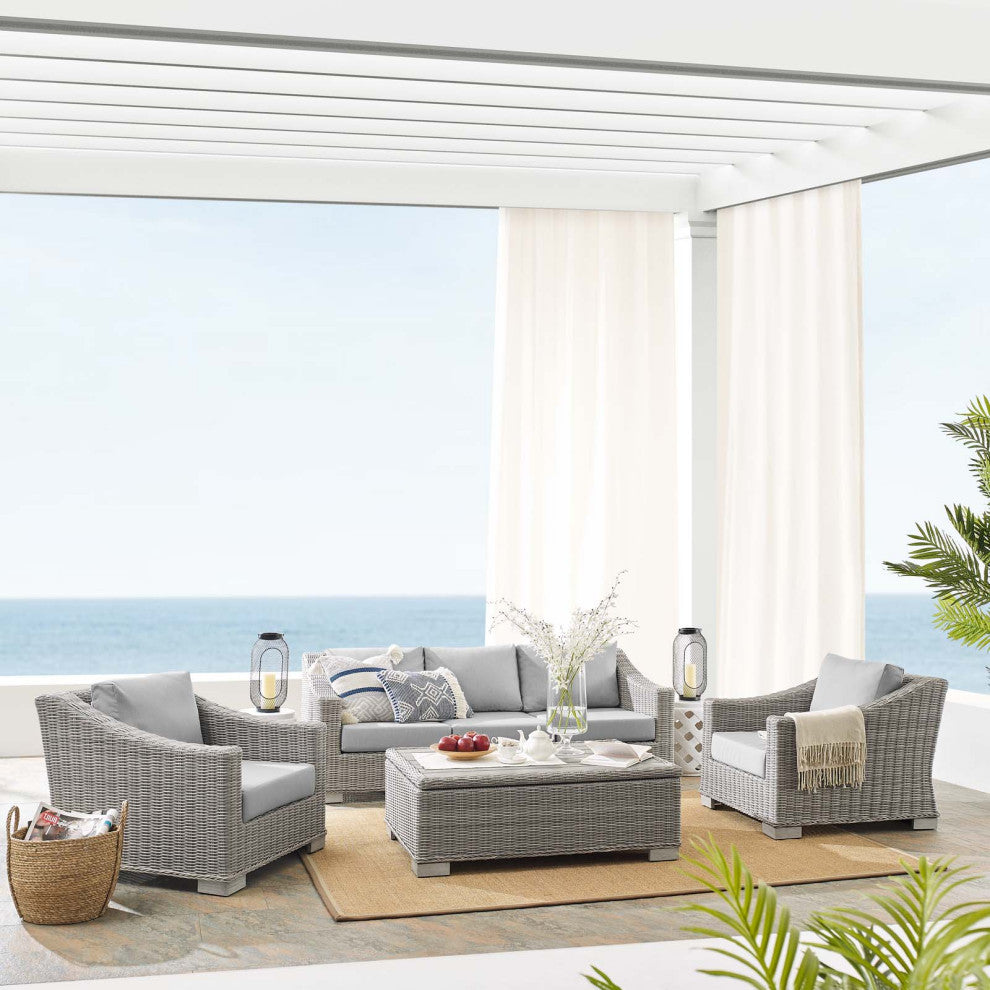 Lounge Sofa Chair Table Set, Rattan, Wicker, Gray, Modern, Outdoor Patio