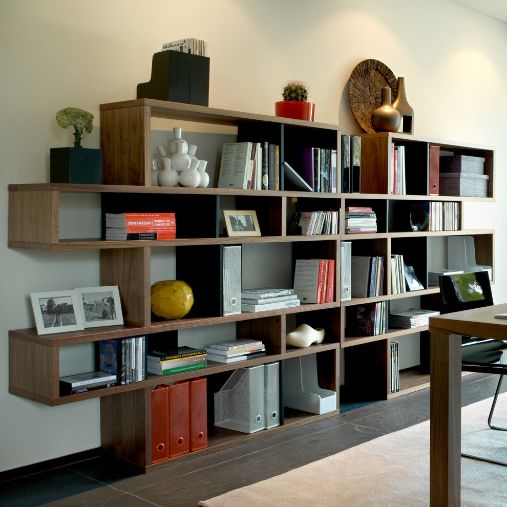 Modern Large Modular Display 2 Tone Shelves, Walnut Frame/Walnut Backs
