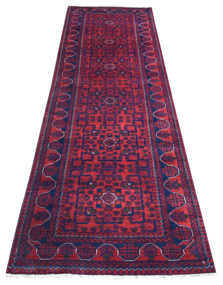 Red Tribal Design Hand Knotted Afghan Khamyab Soft Wool Runner Rug, 2'10"x9'4"