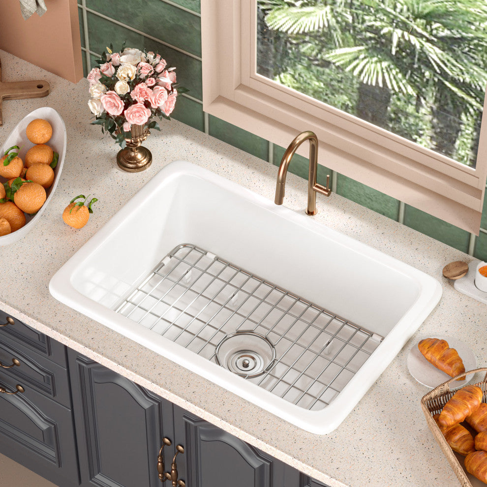 27"L x 19"W Undermount Fireclay Kitchen Sink with Sink Grid and Basket Strainer