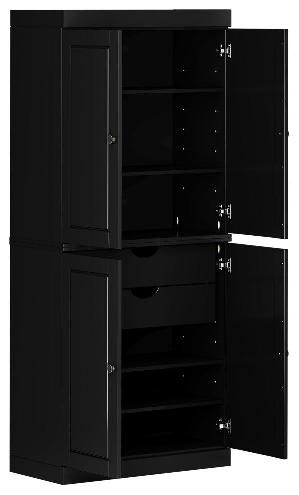 100% Solid Wood 32" Kitchen Pantry with Solid Doors, 2-Drawers, Black