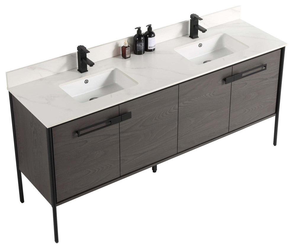 Oakville Bath Vanity, Ceramic Sink, Black Coal Oak, 72 Inch, Black Hardware