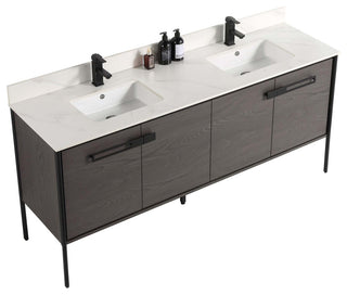 Oakville Bath Vanity, Ceramic Sink, Black Coal Oak, 72 Inch, Black Hardware