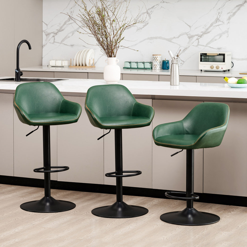 Set of 3 Adjustable Swivel Bar Stool, Hunter Green