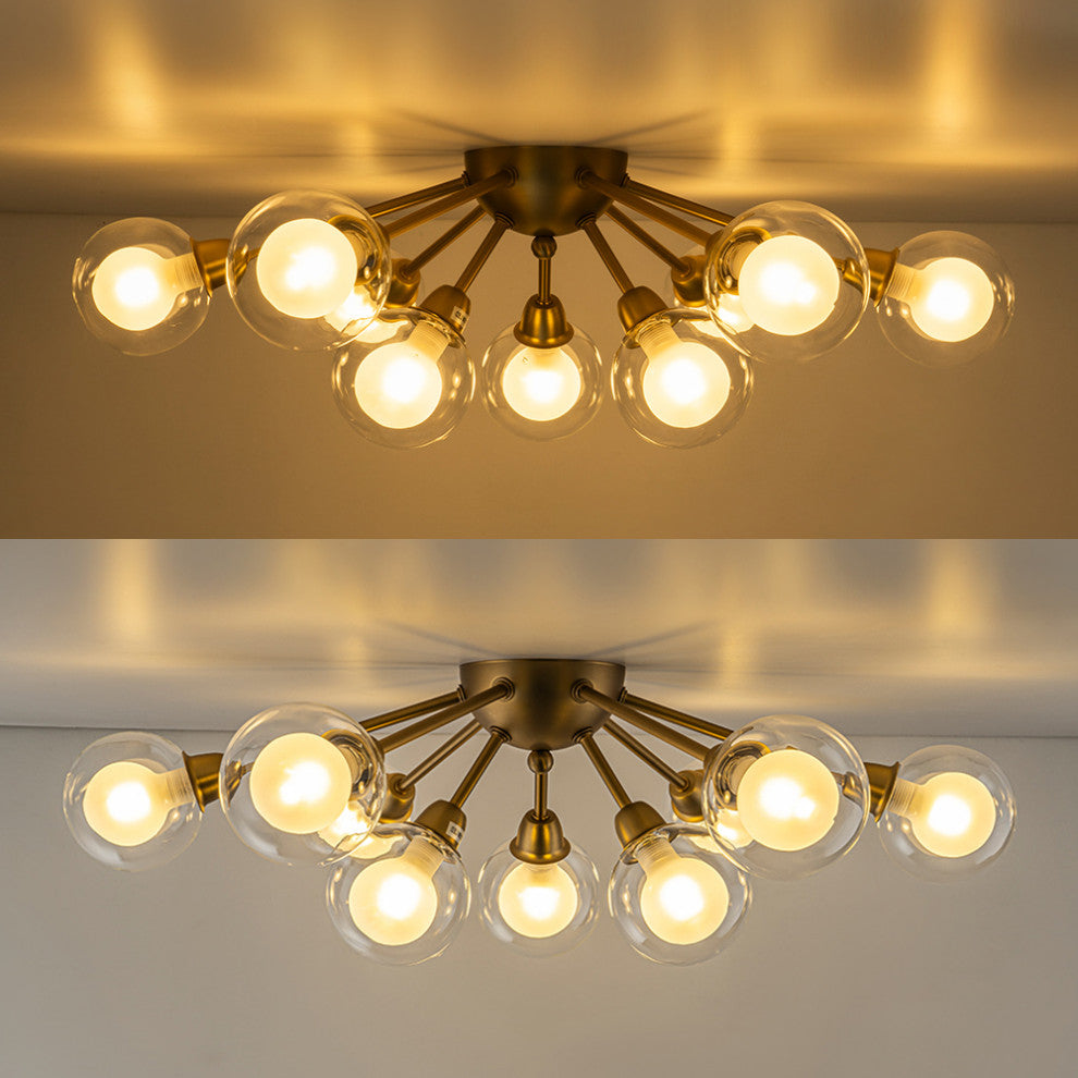 Mid-Century 9-Light Double Layer Glass Sputnik Semi Ceiling Light, Brass