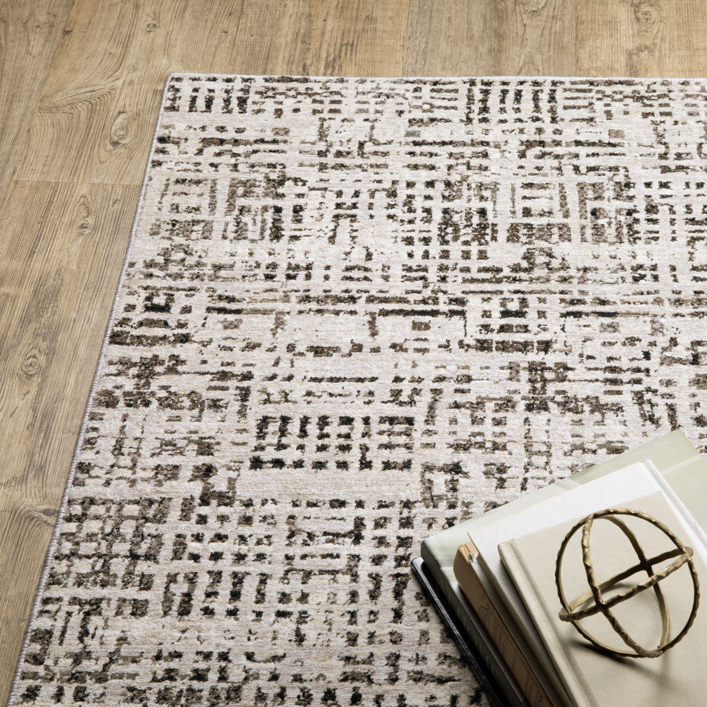 Noble Abstract Gridwork Ivory/ Grey Indoor Area Rug, Ivory, 2'3"x7'6"
