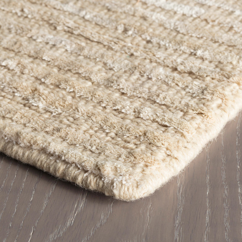 Cut Stripe Ivory Hand Knotted Viscose/Wool Rug, Ivory, 5' x 8'