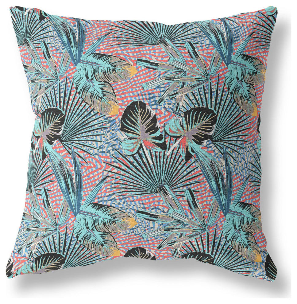26" Aqua Red Tropical Indoor Outdoor Throw Pillow