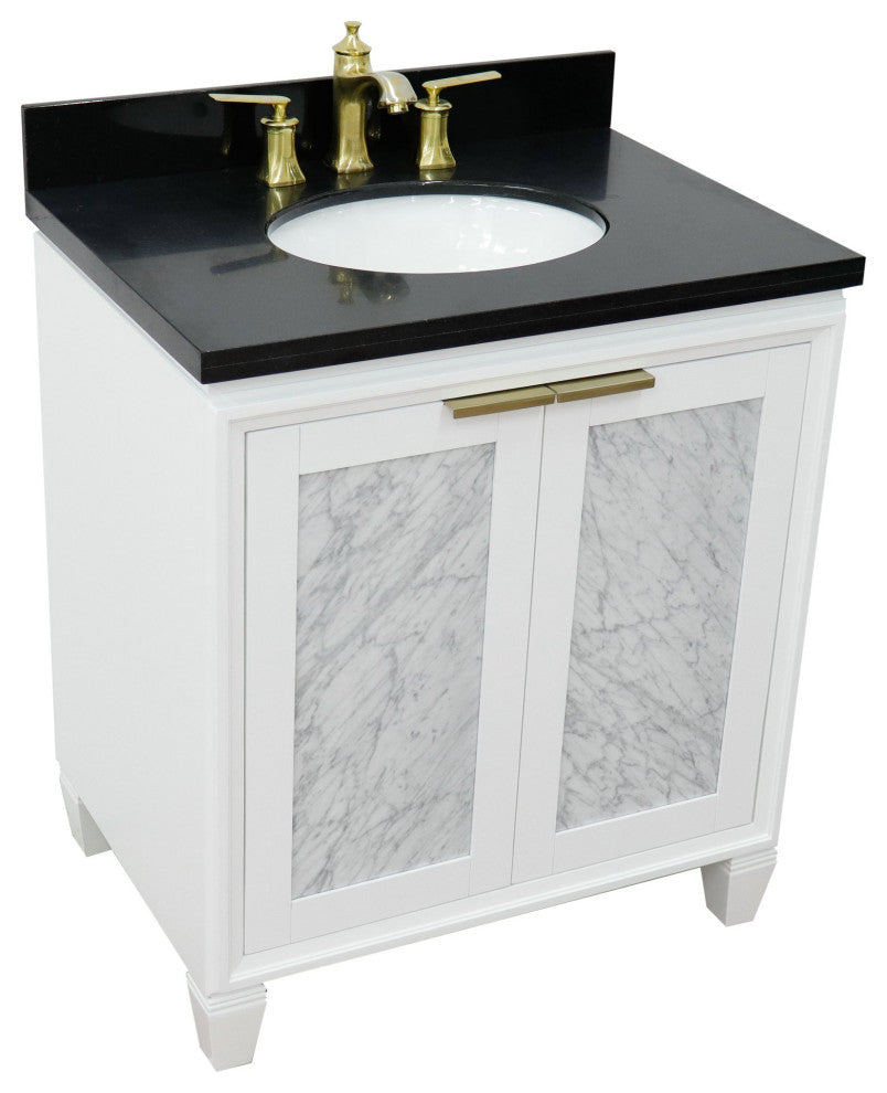31" Single Sink Vanity, White Finish With Black Galaxy Granite With Oval Sink