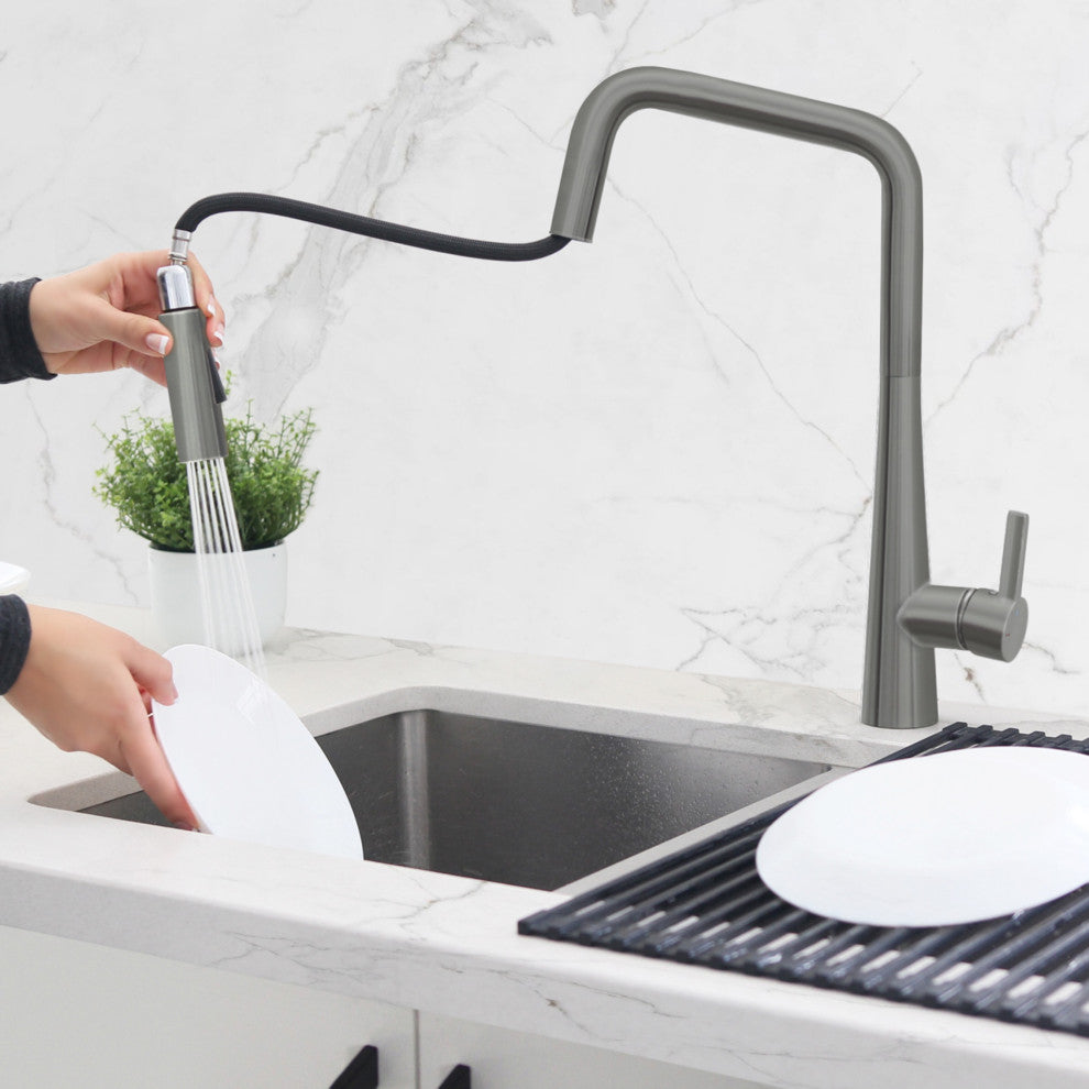 STYLISH Modern Single Handle  Pull Down Sprayer Kitchen Faucet in Gunmetal